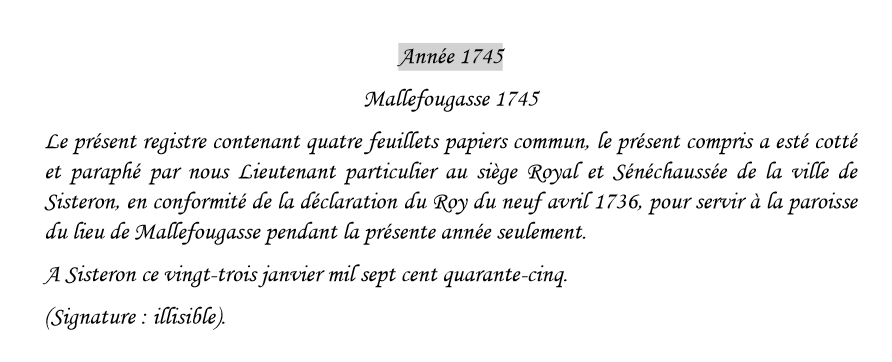 Actes paroissiaux de Mallefougasse de 1745 à 1759