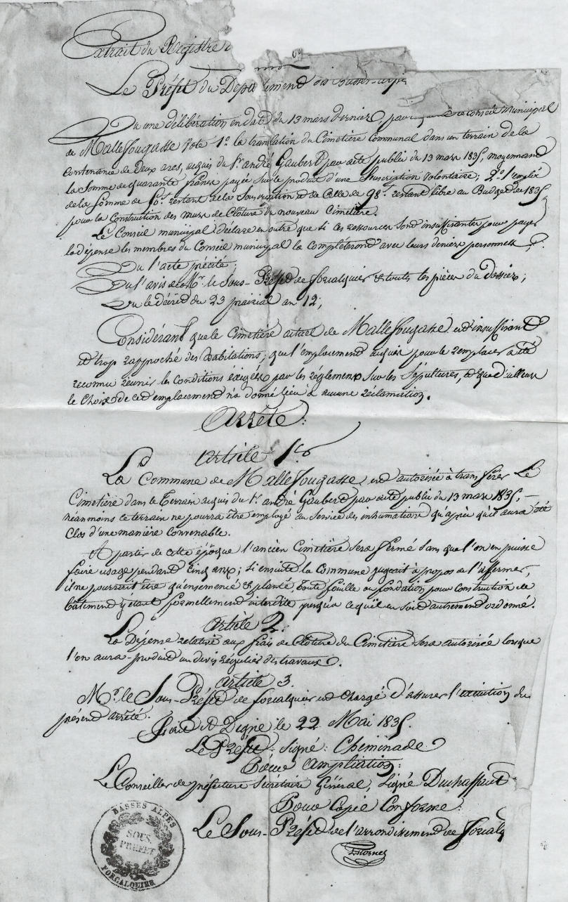 22 mai 1835: avis de la Préfecture pour le déplacement du cimetière de Mallefougasse.